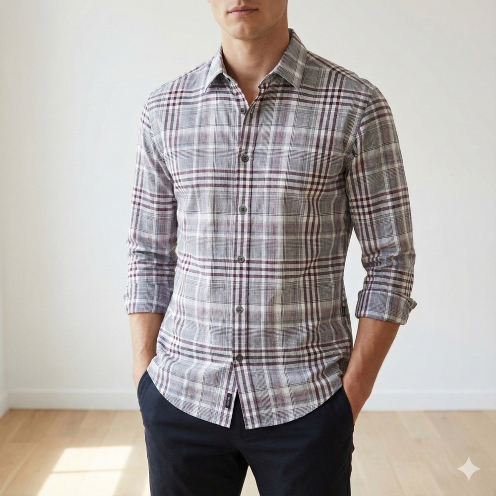 Hugo Boss grey & purple plaid Ronny slim fit dress shirt - Medium
